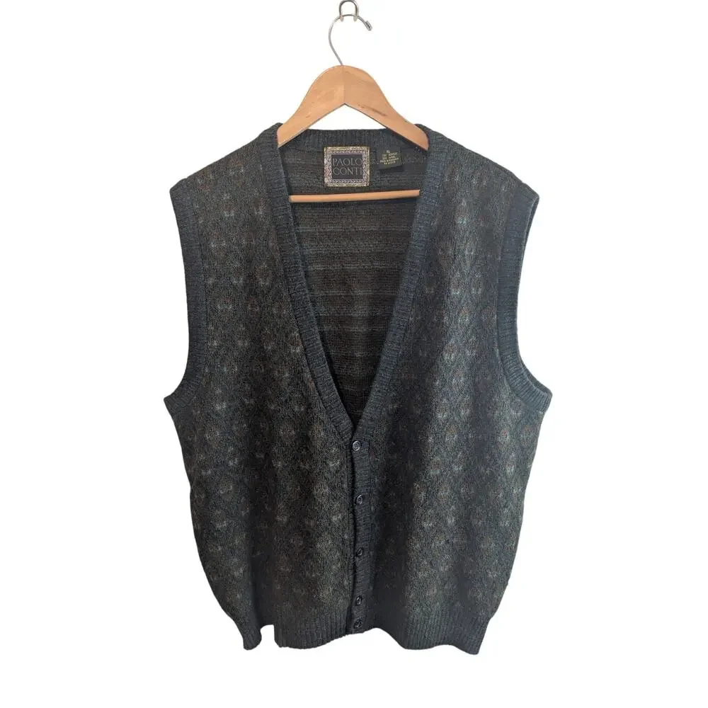 Vintage Sweater Vest Mens XL Gray Wool Geometric 90s Preppy Academia Grandpacore